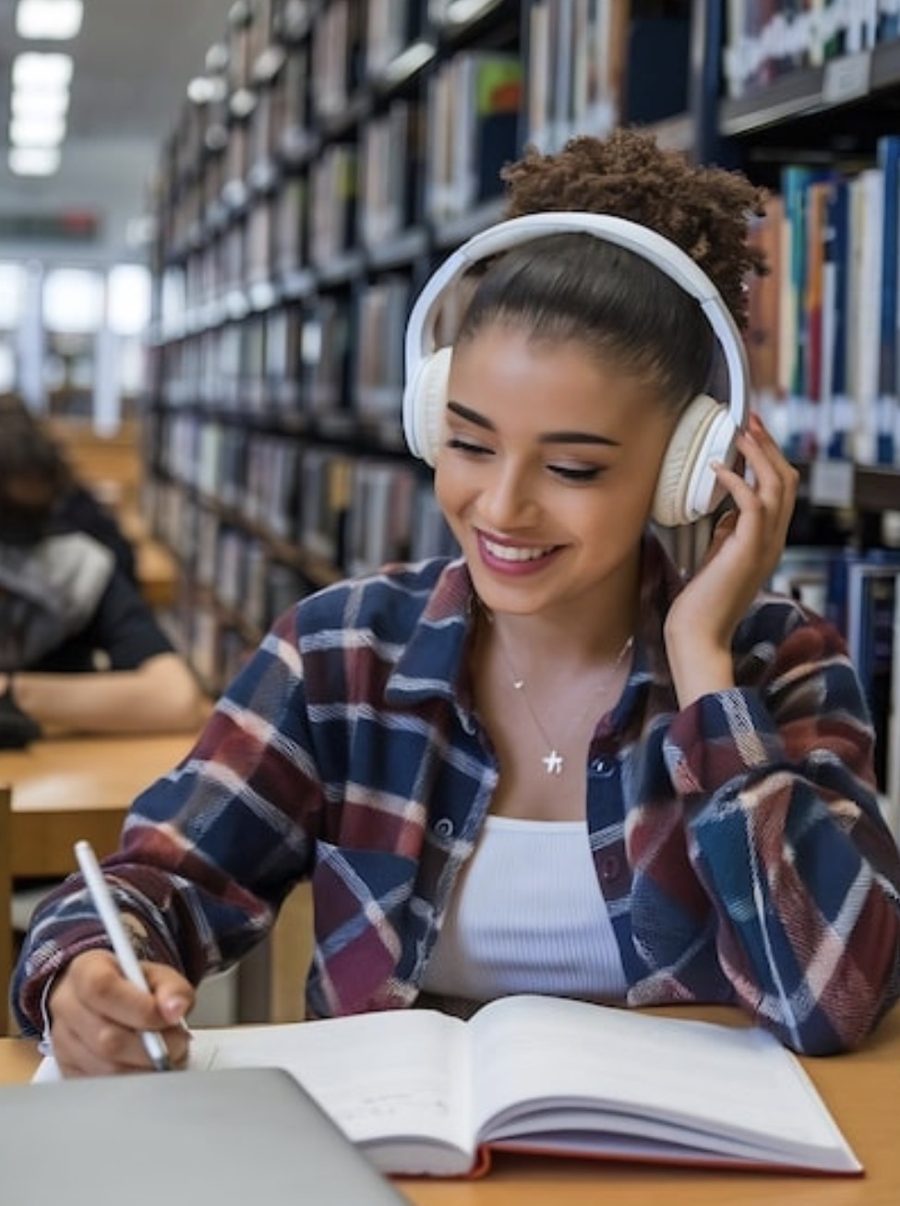 Estudante sorrindo com fones de ouvido enquanto estuda inglês