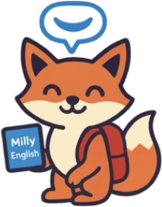 Mascote da Milly English Education, uma raposa sorrindo com livro e mochila